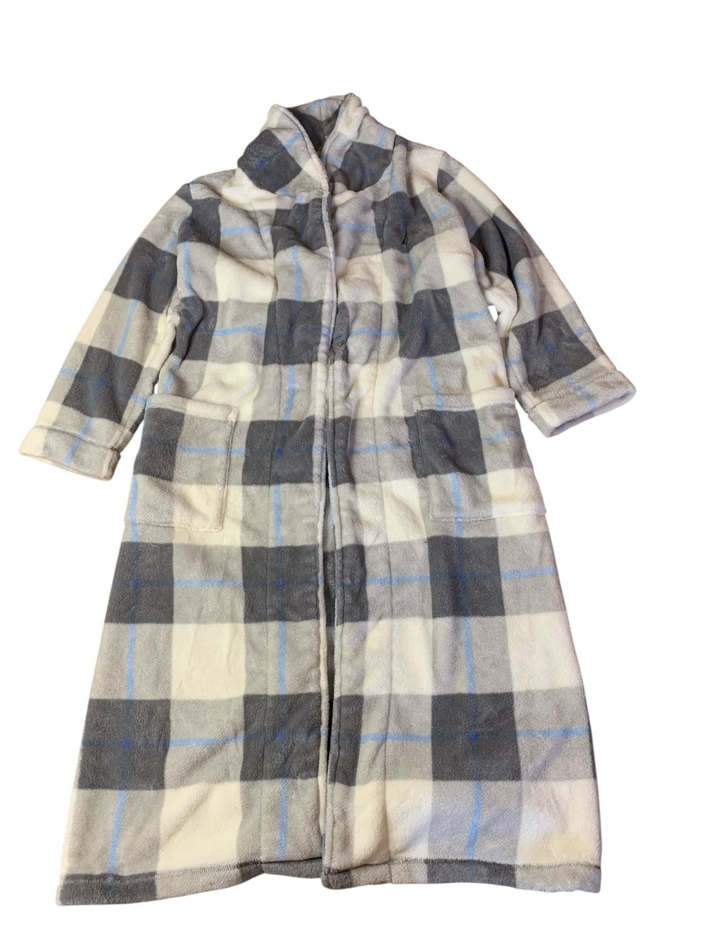 Nautica Plush Fleece Plaid Robe Grey Blue White S/M